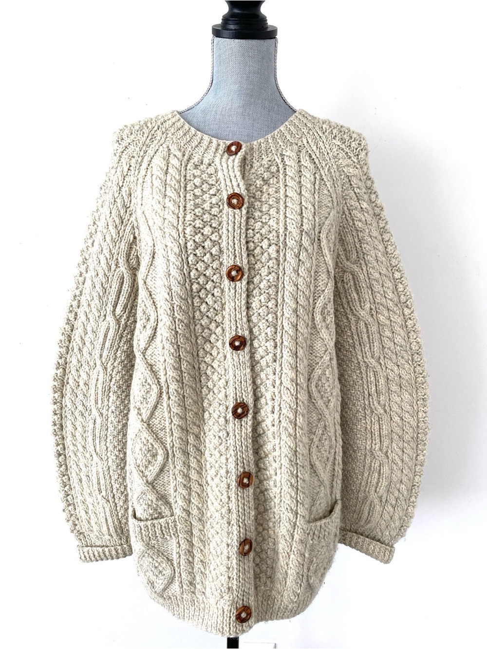 VTG 60s 70s Pure Wool Handwoven Tweeds Handknits Cable-Knit Cardigan L Fisherman